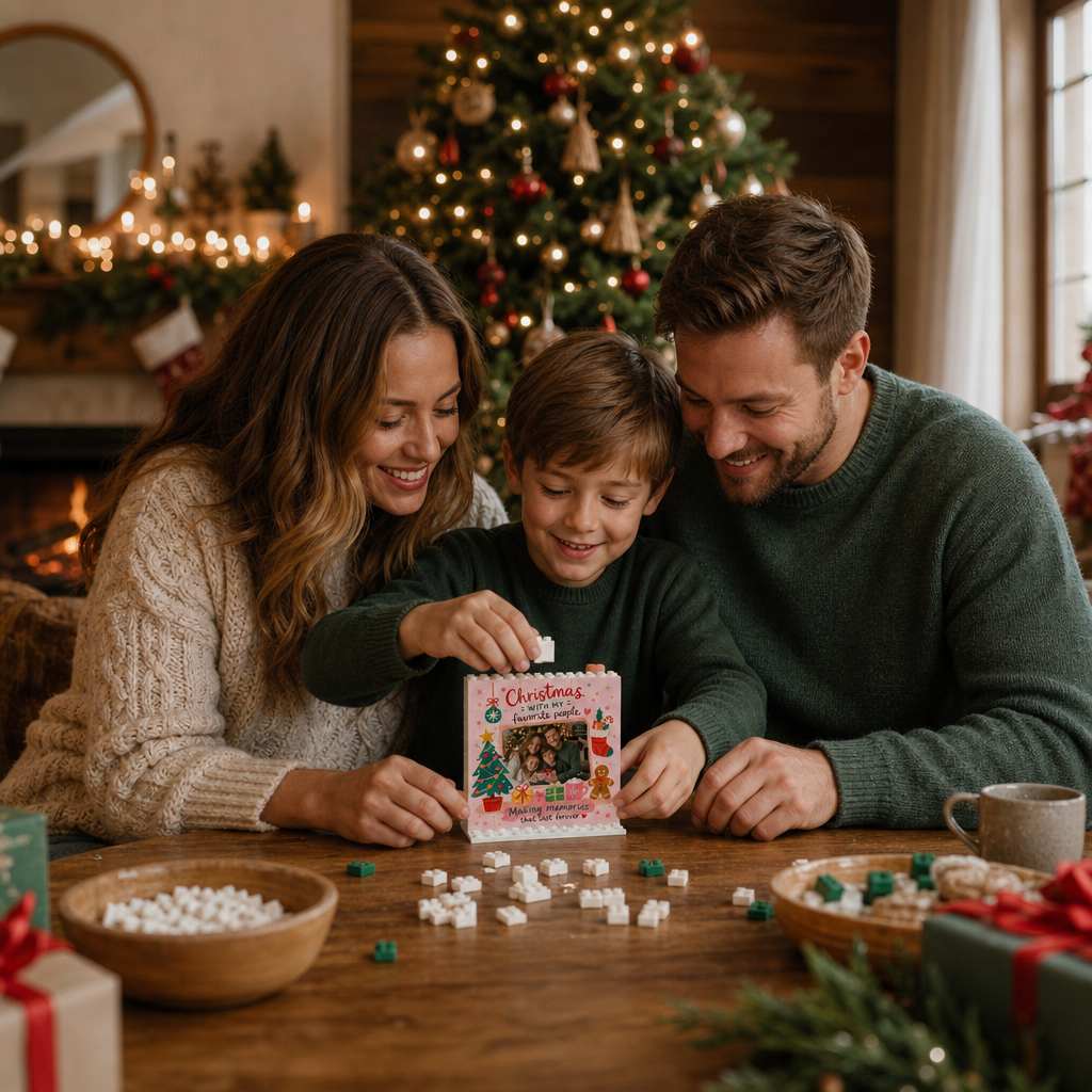 Personalized Photo Christmas Building Block in Soft Pink, Custom Family Picture Gingerbread Man & Holiday Stocking Brick Puzzle Keepsake Decor, Festive Holiday Desk Gift