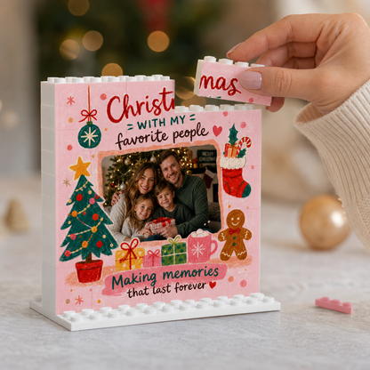 Personalized Photo Christmas Building Block in Soft Pink, Custom Family Picture Gingerbread Man & Holiday Stocking Brick Puzzle Keepsake Decor, Festive Holiday Desk Gift