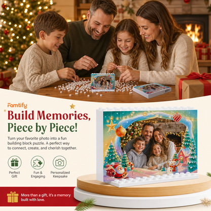 Personalized Photo Christmas Building Block in Aqua Blue, Custom Family Picture Magical Winter Village Santa & Snowman Brick Puzzle Keepsake Decor, Festive Holiday Desk Gift