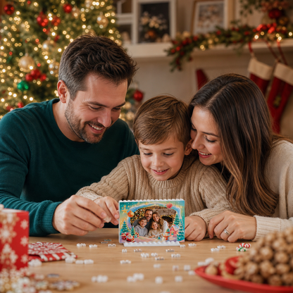 Personalized Photo Christmas Building Block in Aqua Blue, Custom Family Picture Magical Winter Village Santa & Snowman Brick Puzzle Keepsake Decor, Festive Holiday Desk Gift