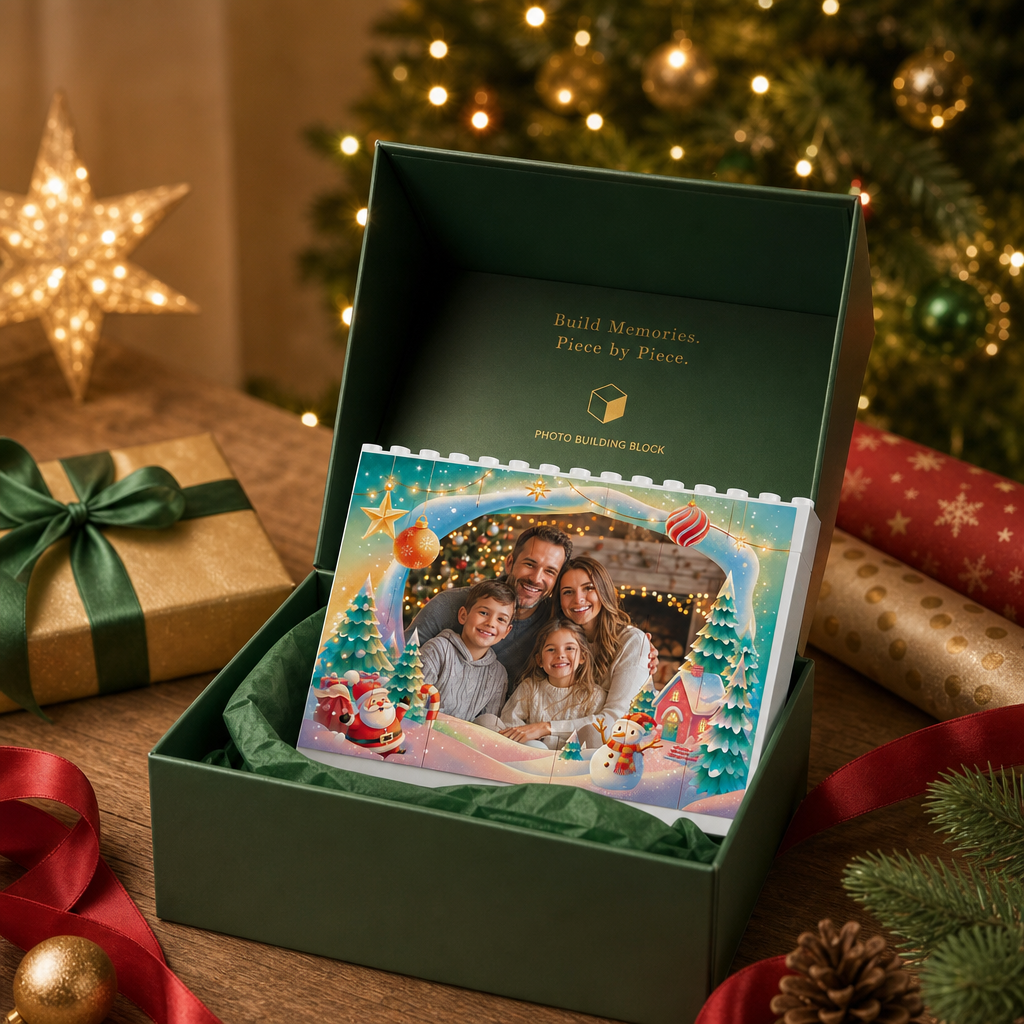 Personalized Photo Christmas Building Block in Aqua Blue, Custom Family Picture Magical Winter Village Santa & Snowman Brick Puzzle Keepsake Decor, Festive Holiday Desk Gift