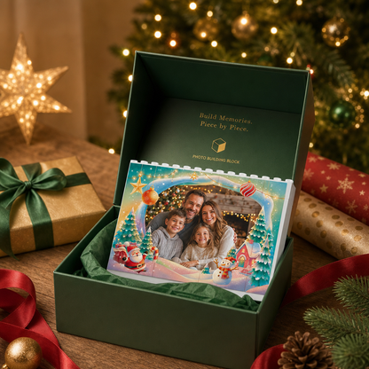 Personalized Photo Christmas Building Block in Aqua Blue, Custom Family Picture Magical Winter Village Santa & Snowman Brick Puzzle Keepsake Decor, Festive Holiday Desk Gift