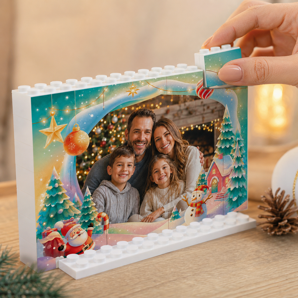 Personalized Photo Christmas Building Block in Aqua Blue, Custom Family Picture Magical Winter Village Santa & Snowman Brick Puzzle Keepsake Decor, Festive Holiday Desk Gift