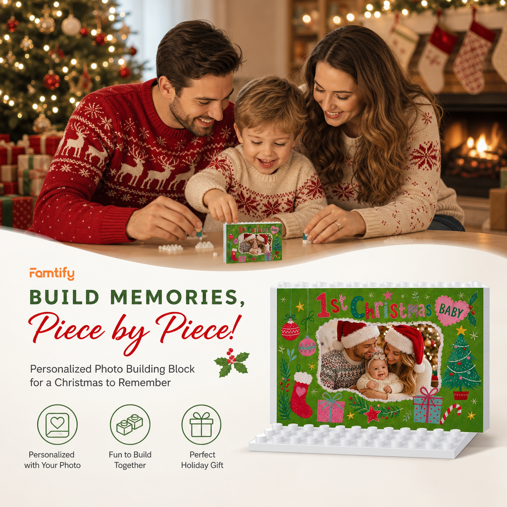 Personalized Photo Christmas Building Block in Forest Green, Custom Baby Picture "Baby's 1st Christmas" Brick Puzzle Keepsake Decor, Festive Holiday Desk Gift