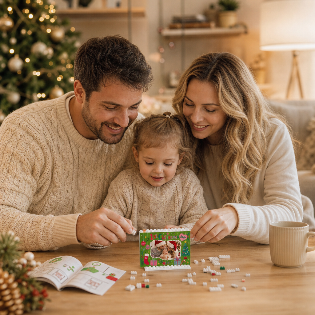 Personalized Photo Christmas Building Block in Forest Green, Custom Baby Picture "Baby's 1st Christmas" Brick Puzzle Keepsake Decor, Festive Holiday Desk Gift