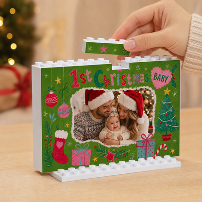 Personalized Photo Christmas Building Block in Forest Green, Custom Baby Picture "Baby's 1st Christmas" Brick Puzzle Keepsake Decor, Festive Holiday Desk Gift