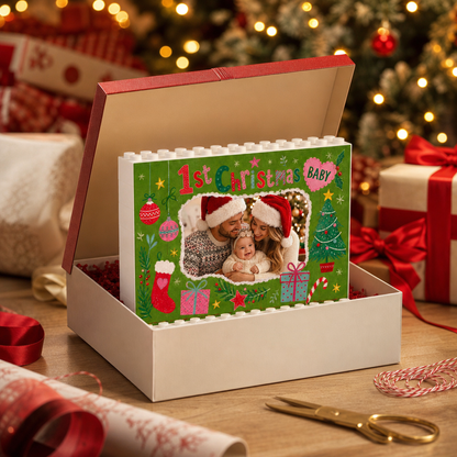Personalized Photo Christmas Building Block in Forest Green, Custom Baby Picture "Baby's 1st Christmas" Brick Puzzle Keepsake Decor, Festive Holiday Desk Gift
