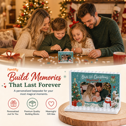 Personalized Photo Christmas Building Block in Deep Teal, Custom Couple Picture "Our 1st Christmas Married" Brick Puzzle Keepsake Decor, Festive Holiday Desk Gift