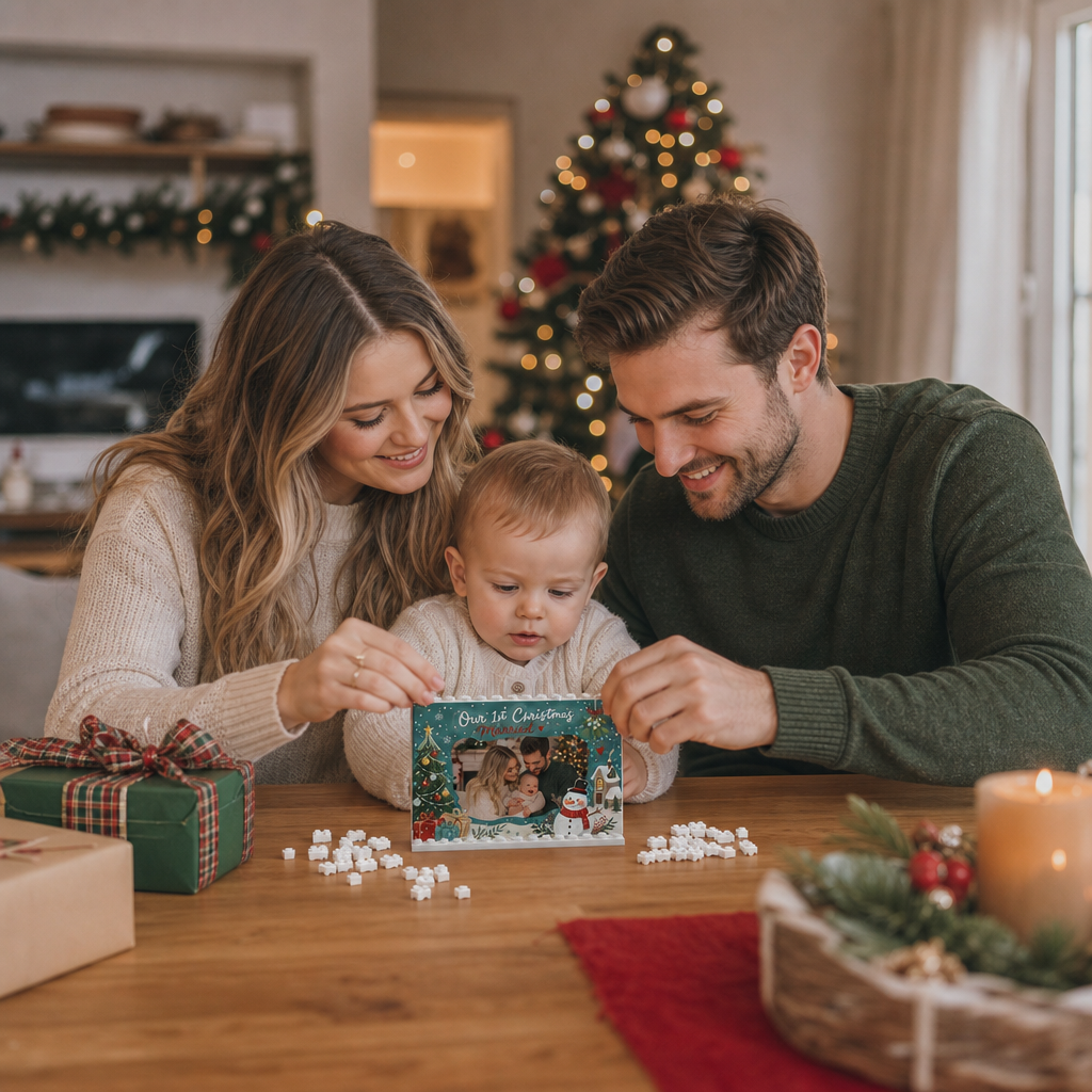 Personalized Photo Christmas Building Block in Deep Teal, Custom Couple Picture "Our 1st Christmas Married" Brick Puzzle Keepsake Decor, Festive Holiday Desk Gift