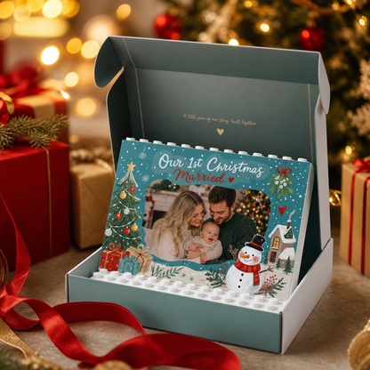 Personalized Photo Christmas Building Block in Deep Teal, Custom Couple Picture "Our 1st Christmas Married" Brick Puzzle Keepsake Decor, Festive Holiday Desk Gift
