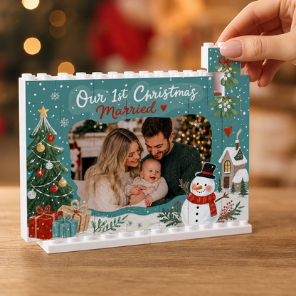 Personalized Photo Christmas Building Block in Deep Teal, Custom Couple Picture "Our 1st Christmas Married" Brick Puzzle Keepsake Decor, Festive Holiday Desk Gift