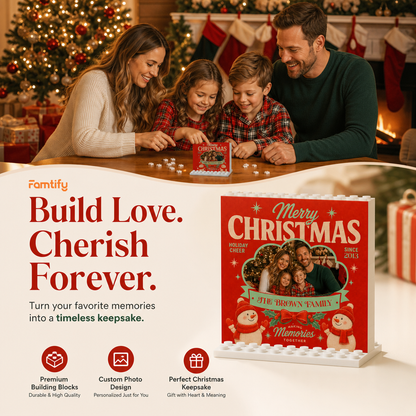 Personalized Photo Christmas Building Block in Classic Red, Custom Family Picture Dual Snowmen & Family Name Brick Puzzle Keepsake Decor, Festive Holiday Desk Gift