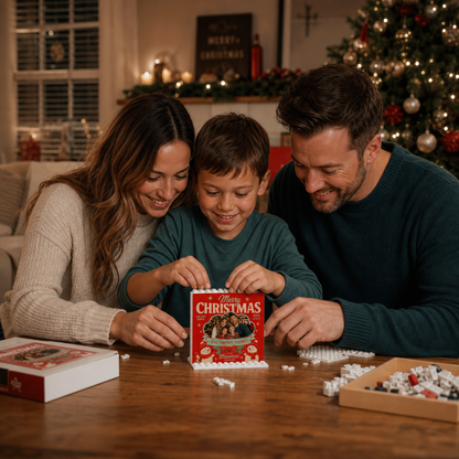 Personalized Photo Christmas Building Block in Classic Red, Custom Family Picture Dual Snowmen & Family Name Brick Puzzle Keepsake Decor, Festive Holiday Desk Gift
