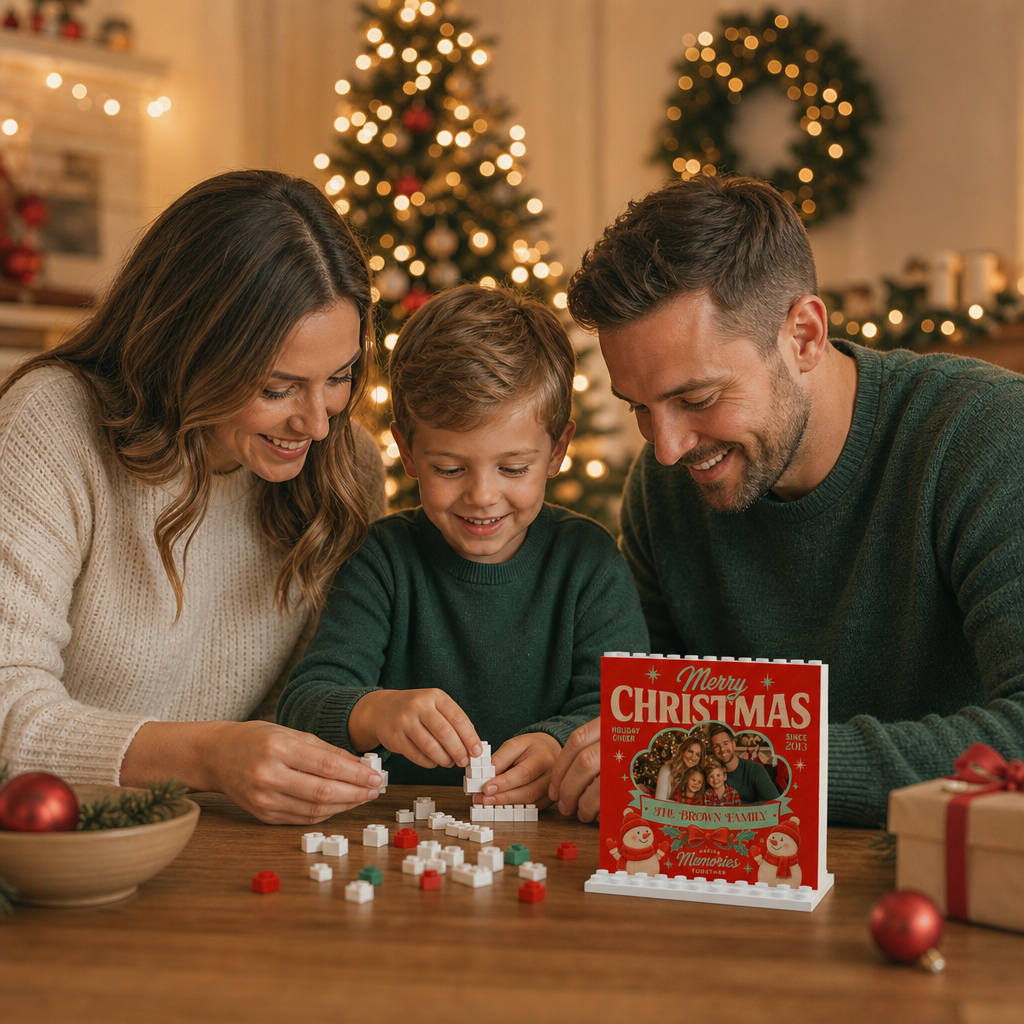 Personalized Photo Christmas Building Block in Classic Red, Custom Family Picture Dual Snowmen & Family Name Brick Puzzle Keepsake Decor, Festive Holiday Desk Gift