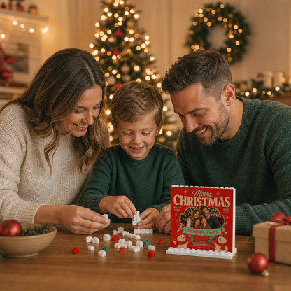 Personalized Photo Christmas Building Block in Classic Red, Custom Family Picture Dual Snowmen & Family Name Brick Puzzle Keepsake Decor, Festive Holiday Desk Gift
