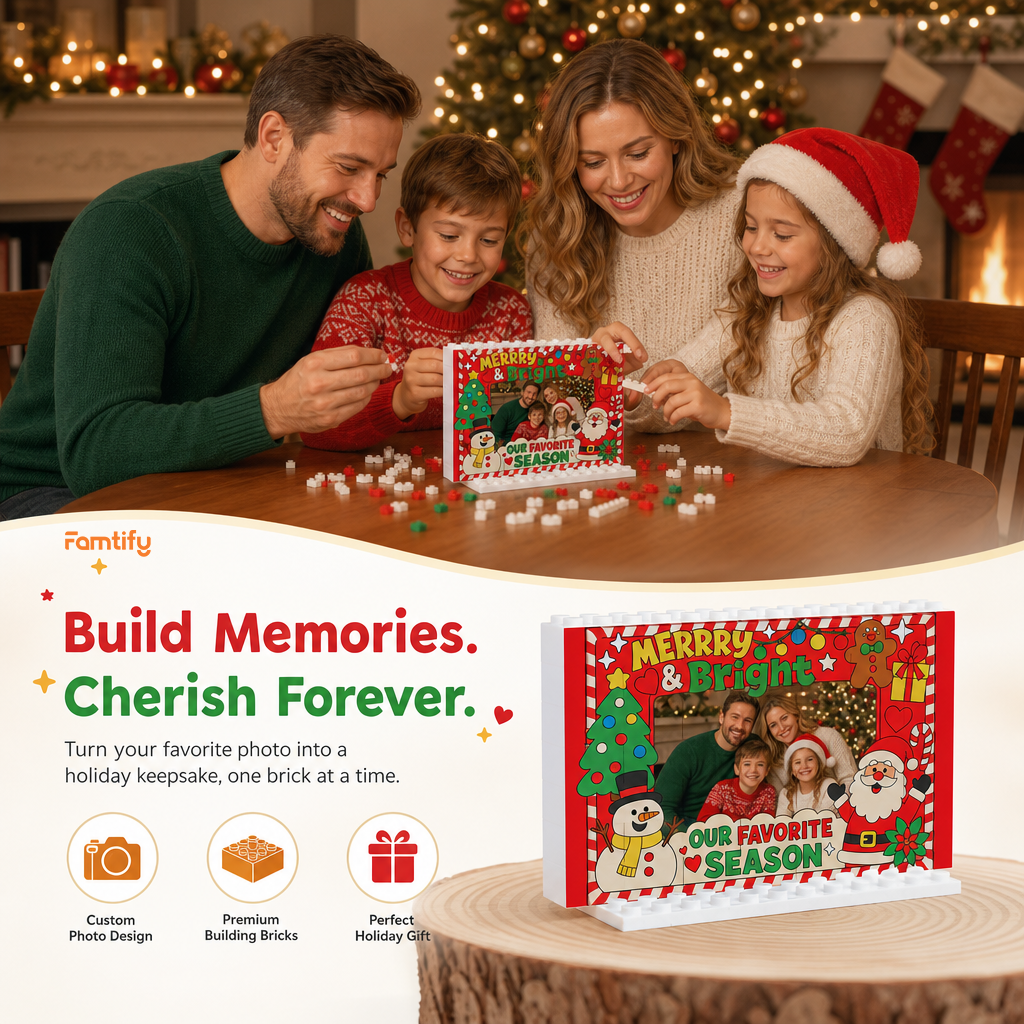 Personalized Photo Christmas Building Block in Festive Red, Custom Family Picture Candy Cane Border "Merry & Bright" Santa & Snowman Brick Puzzle Keepsake Decor, Festive Holiday Desk Gift