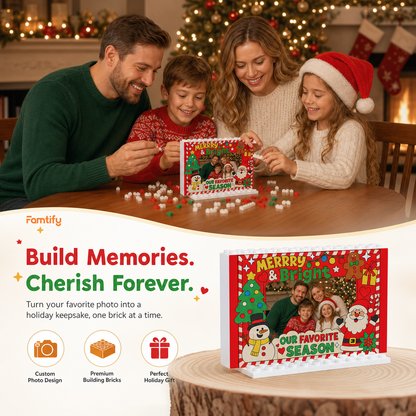 Personalized Photo Christmas Building Block in Festive Red, Custom Family Picture Candy Cane Border "Merry & Bright" Santa & Snowman Brick Puzzle Keepsake Decor, Festive Holiday Desk Gift