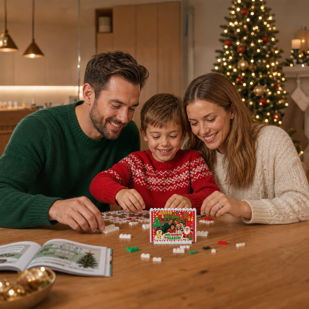Personalized Photo Christmas Building Block in Festive Red, Custom Family Picture Candy Cane Border "Merry & Bright" Santa & Snowman Brick Puzzle Keepsake Decor, Festive Holiday Desk Gift