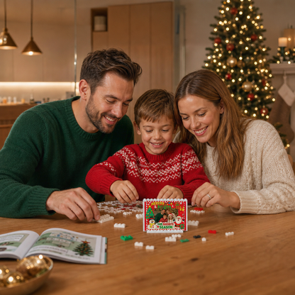 Personalized Photo Christmas Building Block in Festive Red, Custom Family Picture Candy Cane Border "Merry & Bright" Santa & Snowman Brick Puzzle Keepsake Decor, Festive Holiday Desk Gift