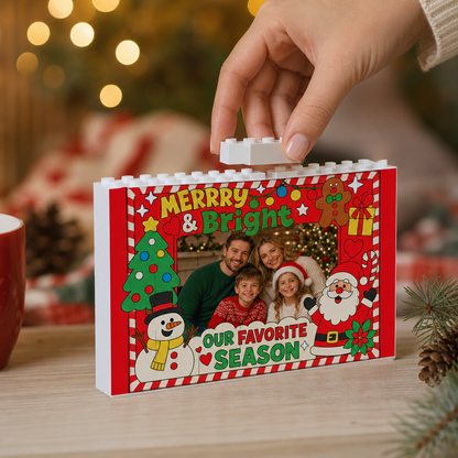 Personalized Photo Christmas Building Block in Festive Red, Custom Family Picture Candy Cane Border "Merry & Bright" Santa & Snowman Brick Puzzle Keepsake Decor, Festive Holiday Desk Gift