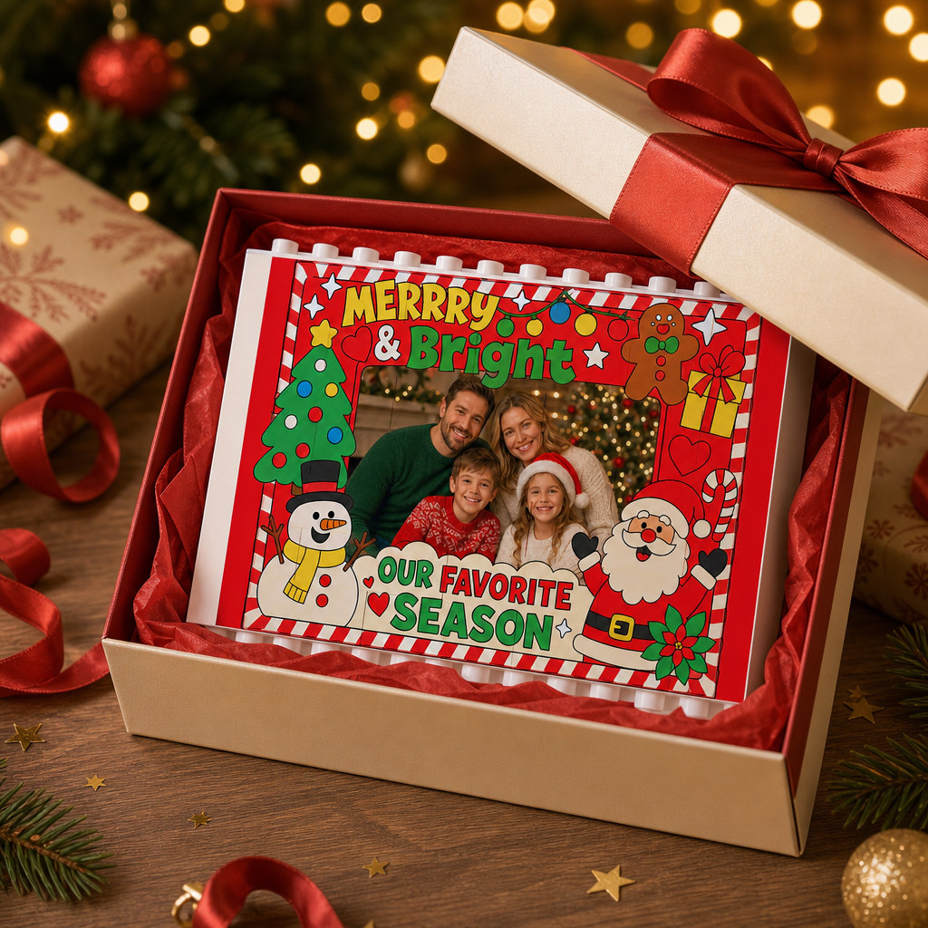 Personalized Photo Christmas Building Block in Festive Red, Custom Family Picture Candy Cane Border "Merry & Bright" Santa & Snowman Brick Puzzle Keepsake Decor, Festive Holiday Desk Gift