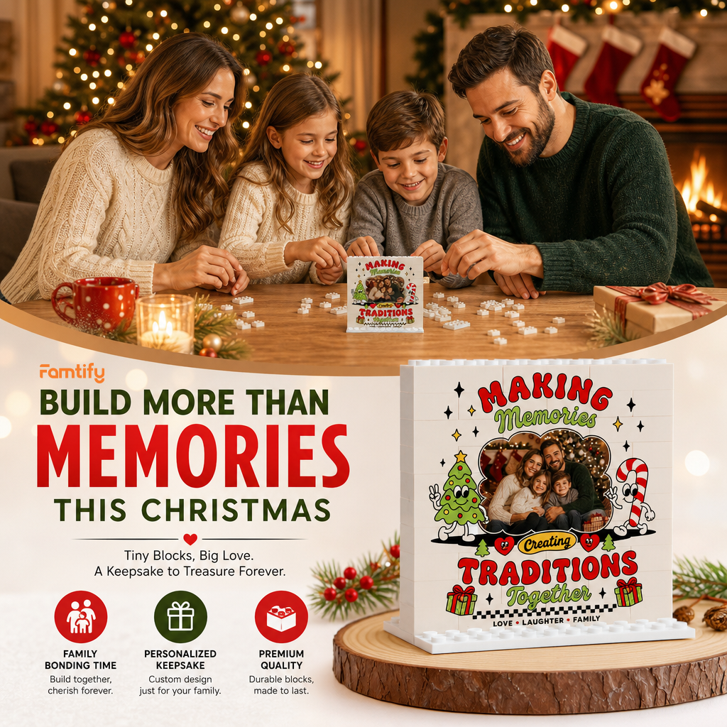 Personalized Photo Christmas Building Block in Cream White, Custom Family Picture "Making Memories" Retro Cartoon Brick Puzzle Keepsake Decor, Festive Holiday Desk Gift