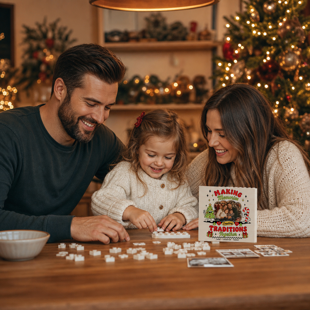 Personalized Photo Christmas Building Block in Cream White, Custom Family Picture "Making Memories" Retro Cartoon Brick Puzzle Keepsake Decor, Festive Holiday Desk Gift