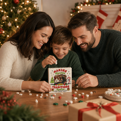 Personalized Photo Christmas Building Block in Cream White, Custom Family Picture "Making Memories" Retro Cartoon Brick Puzzle Keepsake Decor, Festive Holiday Desk Gift
