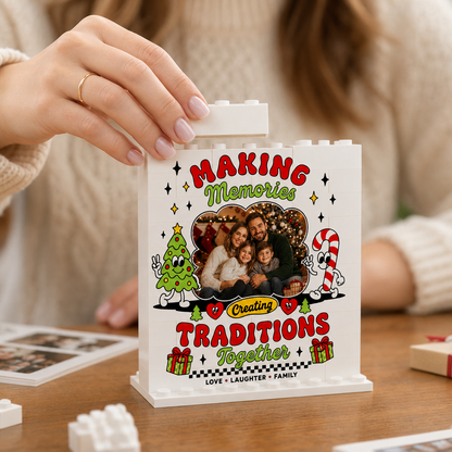 Personalized Photo Christmas Building Block in Cream White, Custom Family Picture "Making Memories" Retro Cartoon Brick Puzzle Keepsake Decor, Festive Holiday Desk Gift