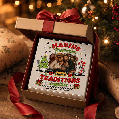 Personalized Photo Christmas Building Block in Cream White, Custom Family Picture "Making Memories" Retro Cartoon Brick Puzzle Keepsake Decor, Festive Holiday Desk Gift