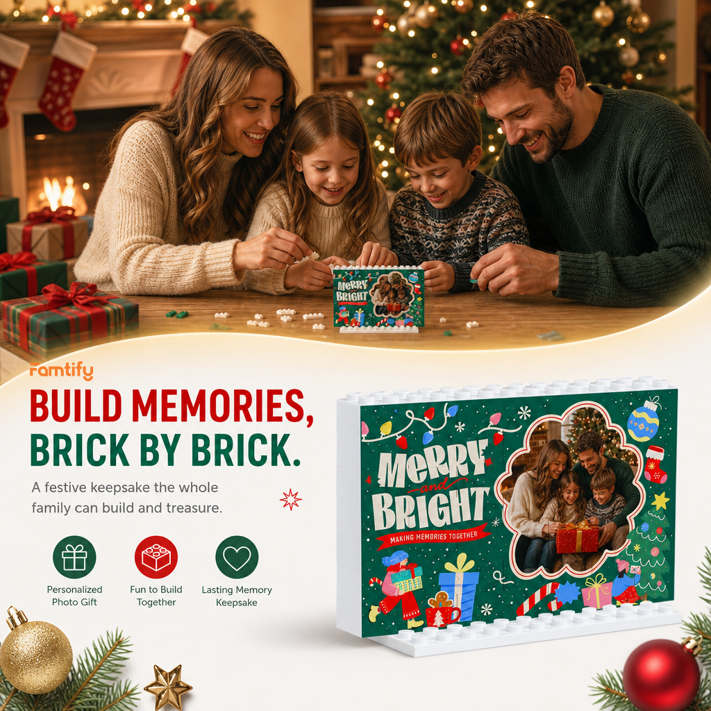 Personalized Photo Christmas Building Block in Deep Green, Custom Family Picture Holiday Lights "Merry and Bright" Brick Puzzle Keepsake Decor, Festive Holiday Desk Gift