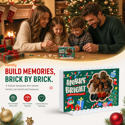 Personalized Photo Christmas Building Block in Deep Green, Custom Family Picture Holiday Lights "Merry and Bright" Brick Puzzle Keepsake Decor, Festive Holiday Desk Gift