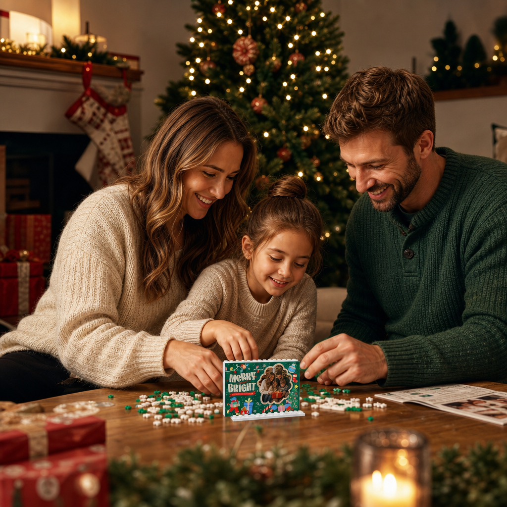 Personalized Photo Christmas Building Block in Deep Green, Custom Family Picture Holiday Lights "Merry and Bright" Brick Puzzle Keepsake Decor, Festive Holiday Desk Gift