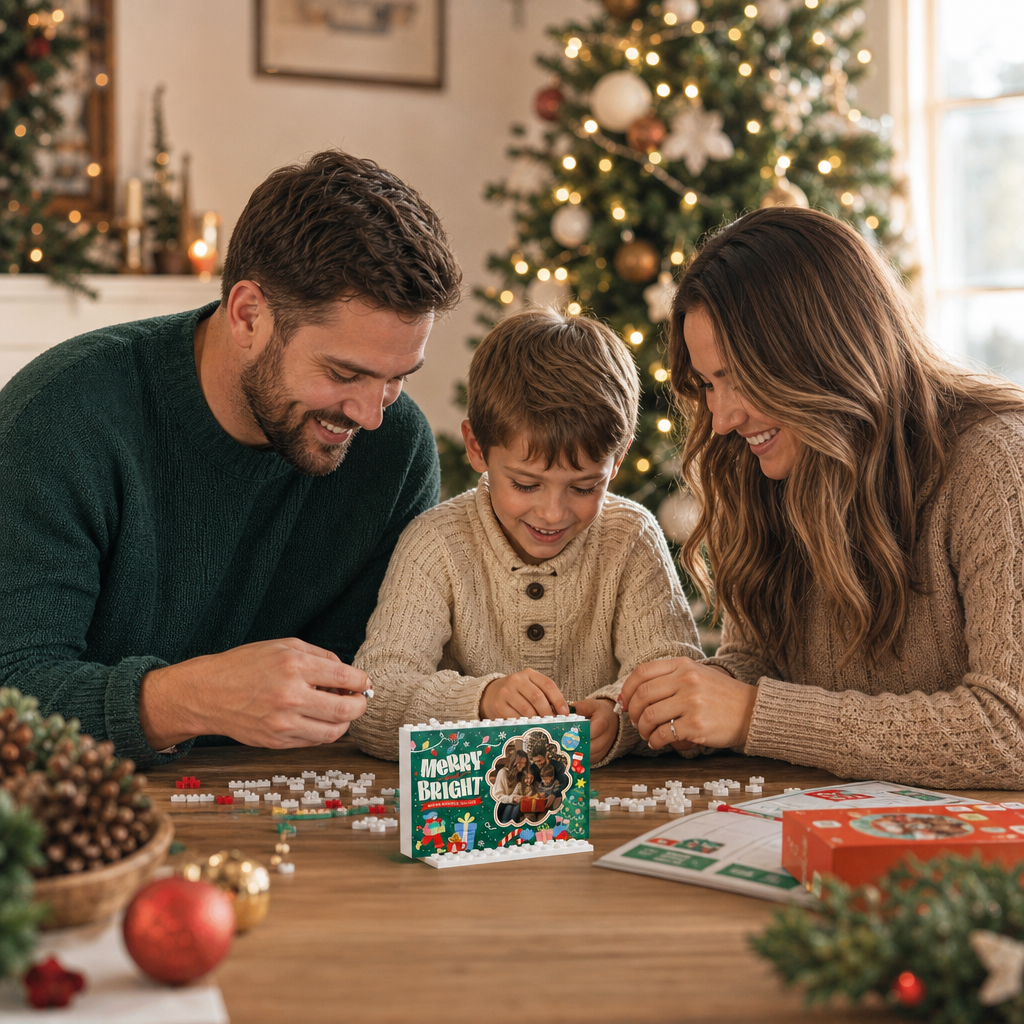 Personalized Photo Christmas Building Block in Deep Green, Custom Family Picture Holiday Lights "Merry and Bright" Brick Puzzle Keepsake Decor, Festive Holiday Desk Gift