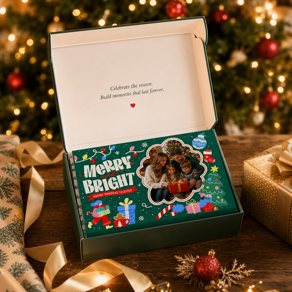 Personalized Photo Christmas Building Block in Deep Green, Custom Family Picture Holiday Lights "Merry and Bright" Brick Puzzle Keepsake Decor, Festive Holiday Desk Gift