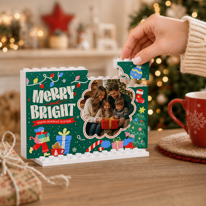 Personalized Photo Christmas Building Block in Deep Green, Custom Family Picture Holiday Lights "Merry and Bright" Brick Puzzle Keepsake Decor, Festive Holiday Desk Gift