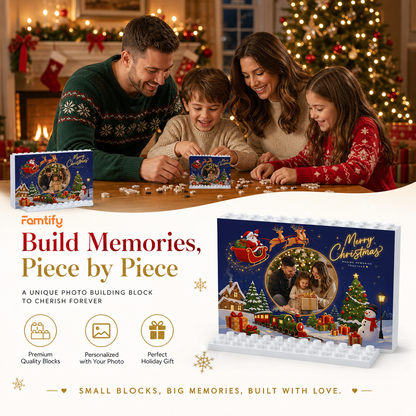 Personalized Photo Christmas Building Block in Midnight Navy, Custom Family Picture Santa Sleigh & Holiday Express Train Brick Puzzle Keepsake Decor, Festive Holiday Desk Gift