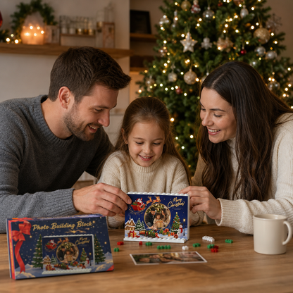 Personalized Photo Christmas Building Block in Midnight Navy, Custom Family Picture Santa Sleigh & Holiday Express Train Brick Puzzle Keepsake Decor, Festive Holiday Desk Gift