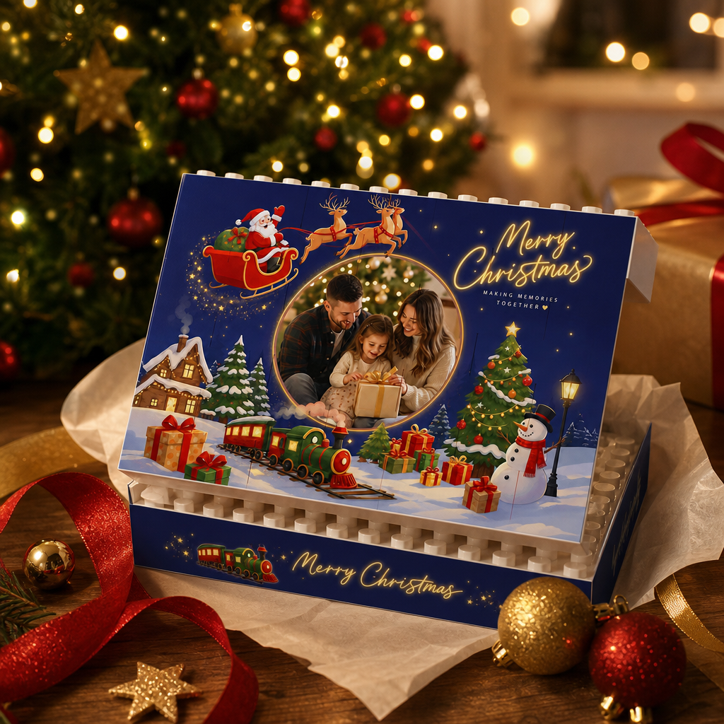 Personalized Photo Christmas Building Block in Midnight Navy, Custom Family Picture Santa Sleigh & Holiday Express Train Brick Puzzle Keepsake Decor, Festive Holiday Desk Gift