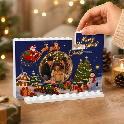 Personalized Photo Christmas Building Block in Midnight Navy, Custom Family Picture Santa Sleigh & Holiday Express Train Brick Puzzle Keepsake Decor, Festive Holiday Desk Gift