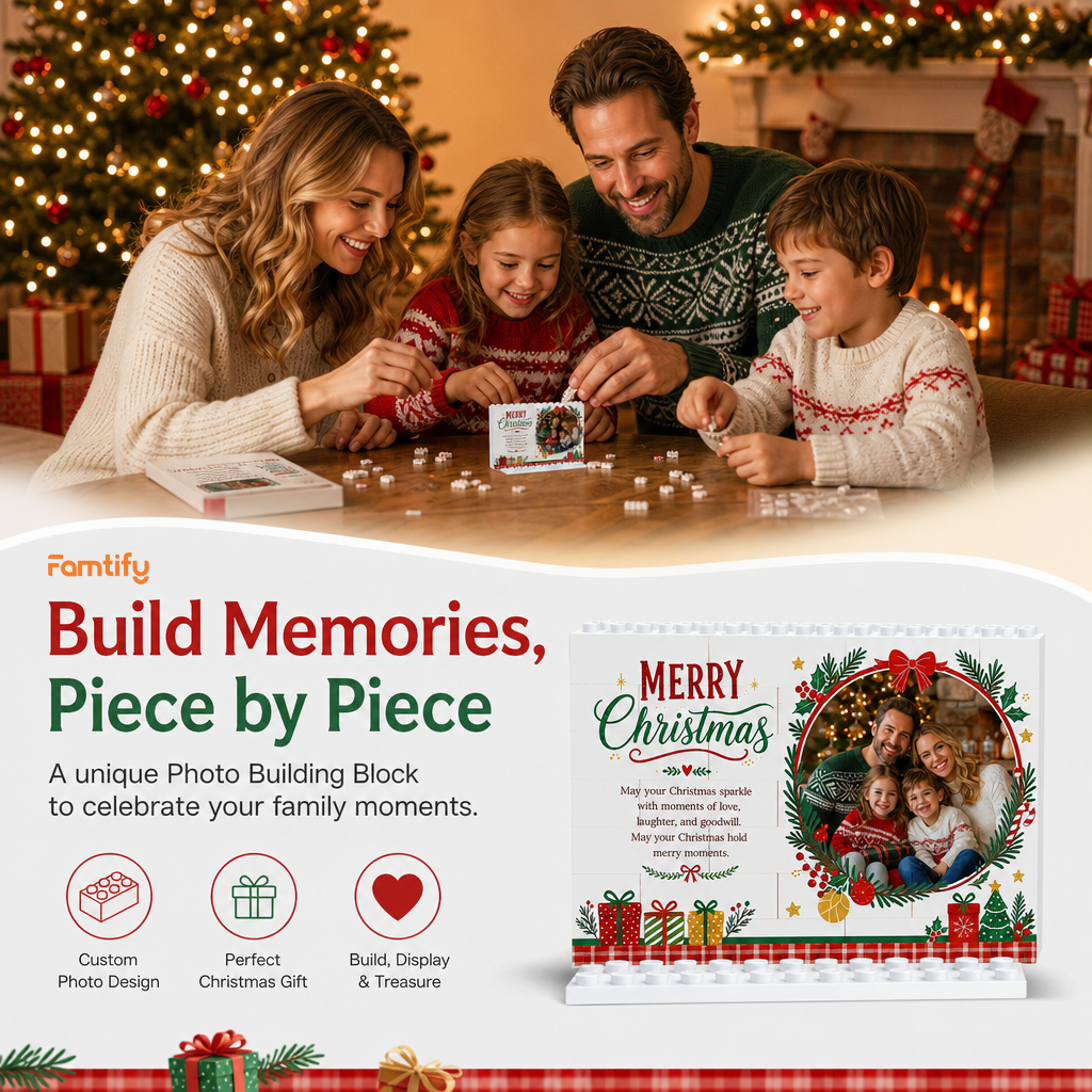 Personalized Photo Christmas Building Block in Cream White, Custom Family Picture Pine Wreath & Red Bow Brick Puzzle Keepsake Decor, Festive Holiday Desk Gift