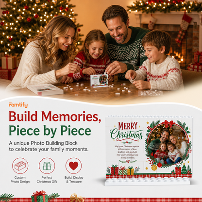 Personalized Photo Christmas Building Block in Cream White, Custom Family Picture Pine Wreath & Red Bow Brick Puzzle Keepsake Decor, Festive Holiday Desk Gift