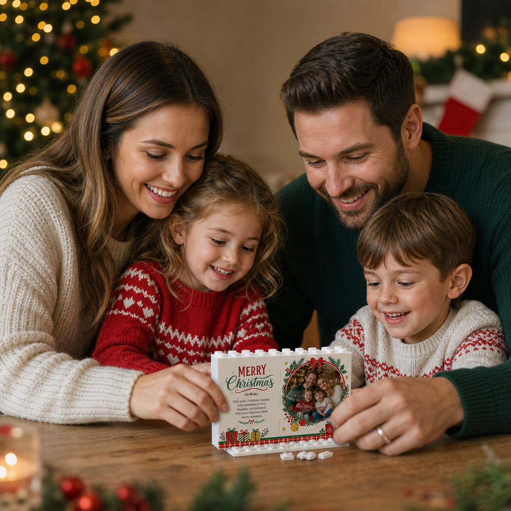 Personalized Photo Christmas Building Block in Cream White, Custom Family Picture Pine Wreath & Red Bow Brick Puzzle Keepsake Decor, Festive Holiday Desk Gift