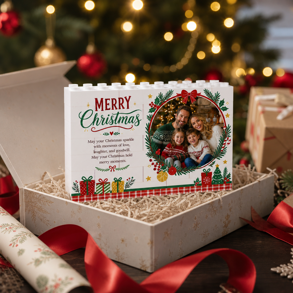 Personalized Photo Christmas Building Block in Cream White, Custom Family Picture Pine Wreath & Red Bow Brick Puzzle Keepsake Decor, Festive Holiday Desk Gift