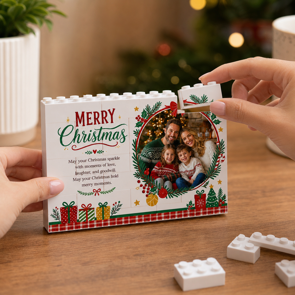 Personalized Photo Christmas Building Block in Cream White, Custom Family Picture Pine Wreath & Red Bow Brick Puzzle Keepsake Decor, Festive Holiday Desk Gift