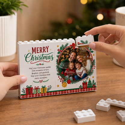 Personalized Photo Christmas Building Block in Cream White, Custom Family Picture Pine Wreath & Red Bow Brick Puzzle Keepsake Decor, Festive Holiday Desk Gift