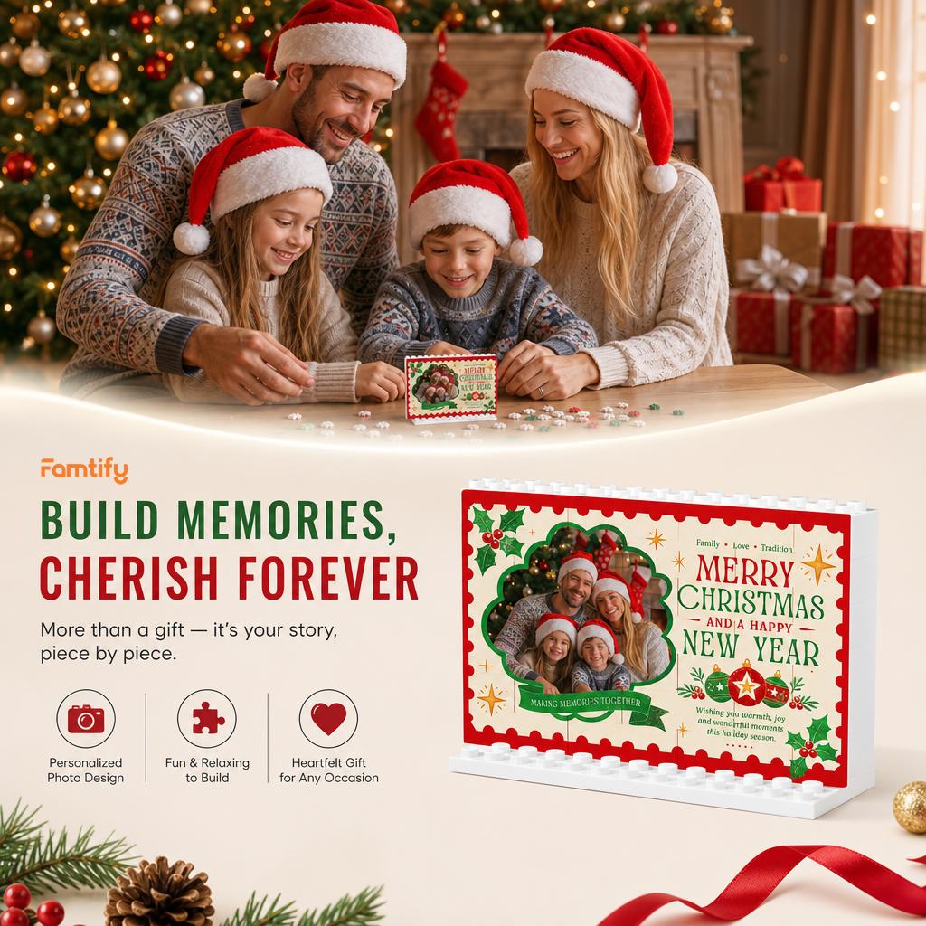 Personalized Photo Christmas Building Block in Stamp Frame, Custom Family Picture "Merry Christmas & Happy New Year" Brick Puzzle Keepsake Decor, Festive Holiday Desk Gift