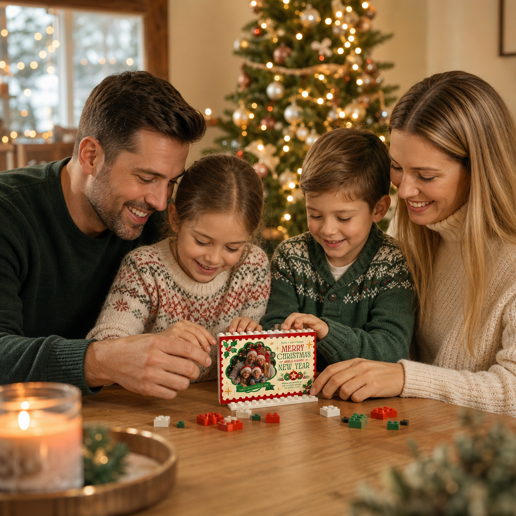 Personalized Photo Christmas Building Block in Stamp Frame, Custom Family Picture "Merry Christmas & Happy New Year" Brick Puzzle Keepsake Decor, Festive Holiday Desk Gift