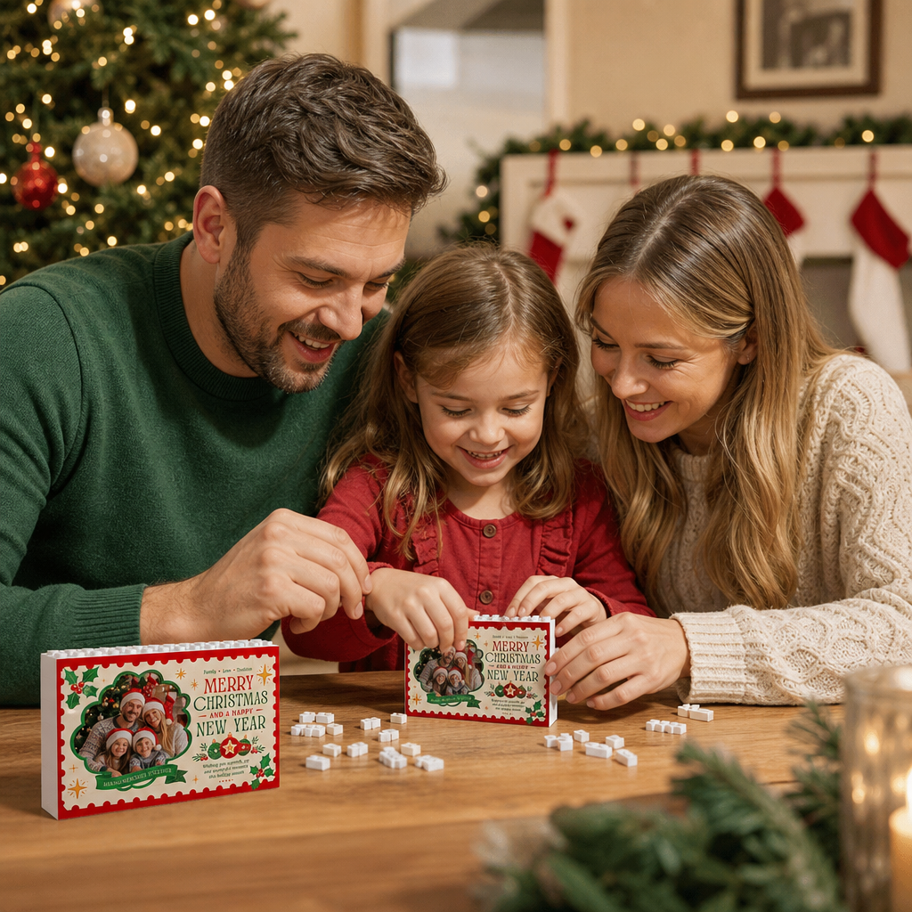 Personalized Photo Christmas Building Block in Stamp Frame, Custom Family Picture "Merry Christmas & Happy New Year" Brick Puzzle Keepsake Decor, Festive Holiday Desk Gift