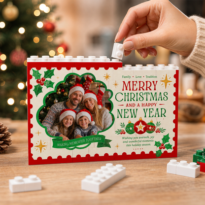Personalized Photo Christmas Building Block in Stamp Frame, Custom Family Picture "Merry Christmas & Happy New Year" Brick Puzzle Keepsake Decor, Festive Holiday Desk Gift